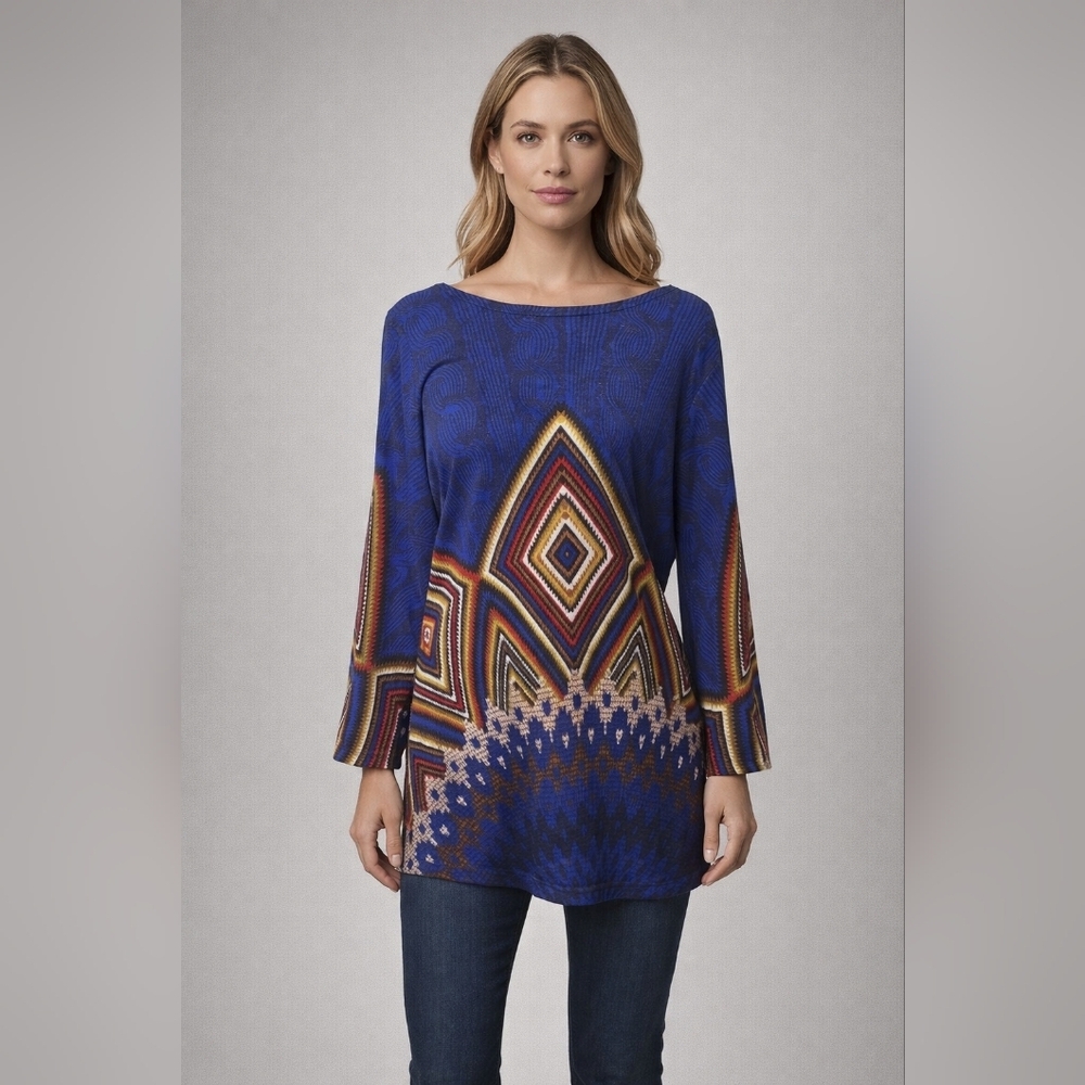 #1656 Isabel Blue & Red Cowl Neck Tunic/ Mini with Geometric Pattern Sz. L